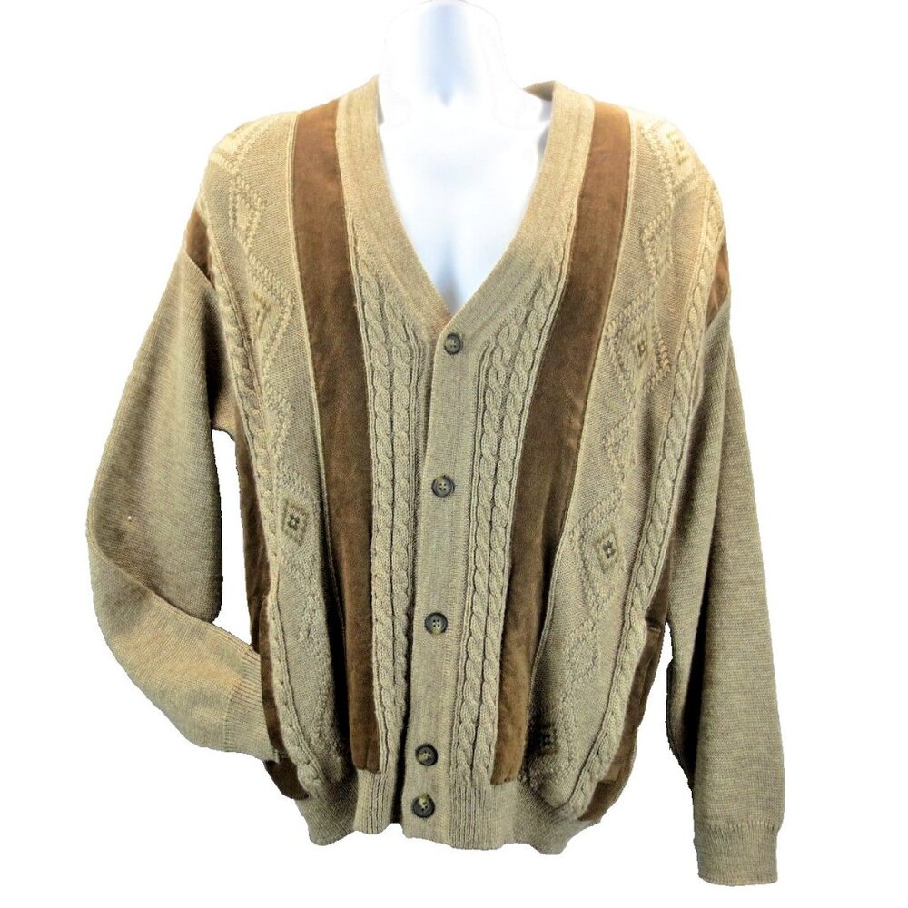 Norm Thompson Vtg Cardigan Sweater Sz L Brown Suede Trim Cable Knit Merino Wool
